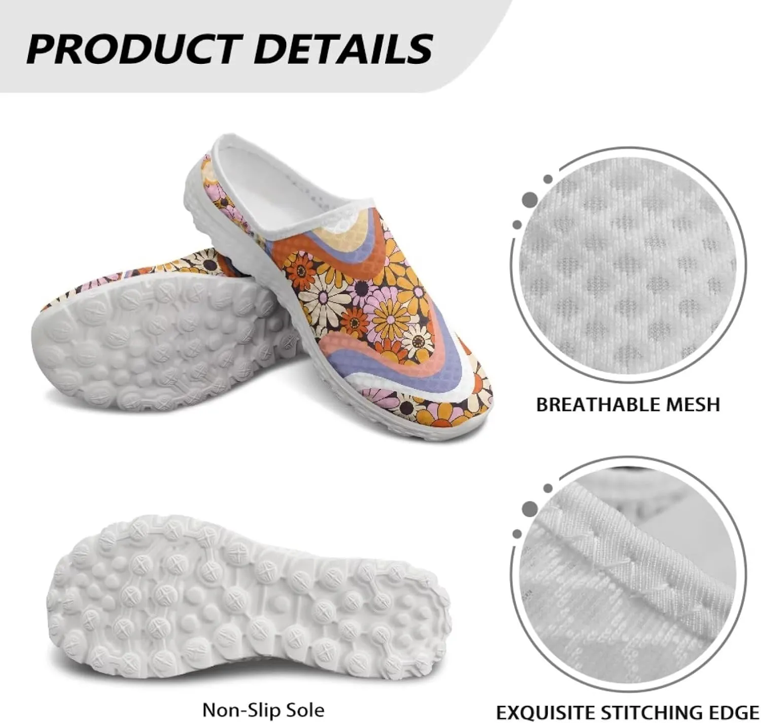 Floral Mule Shoes for Women Slip on Breathable Loafers Low Top Garden Clogs for Travel Vacation Shopping