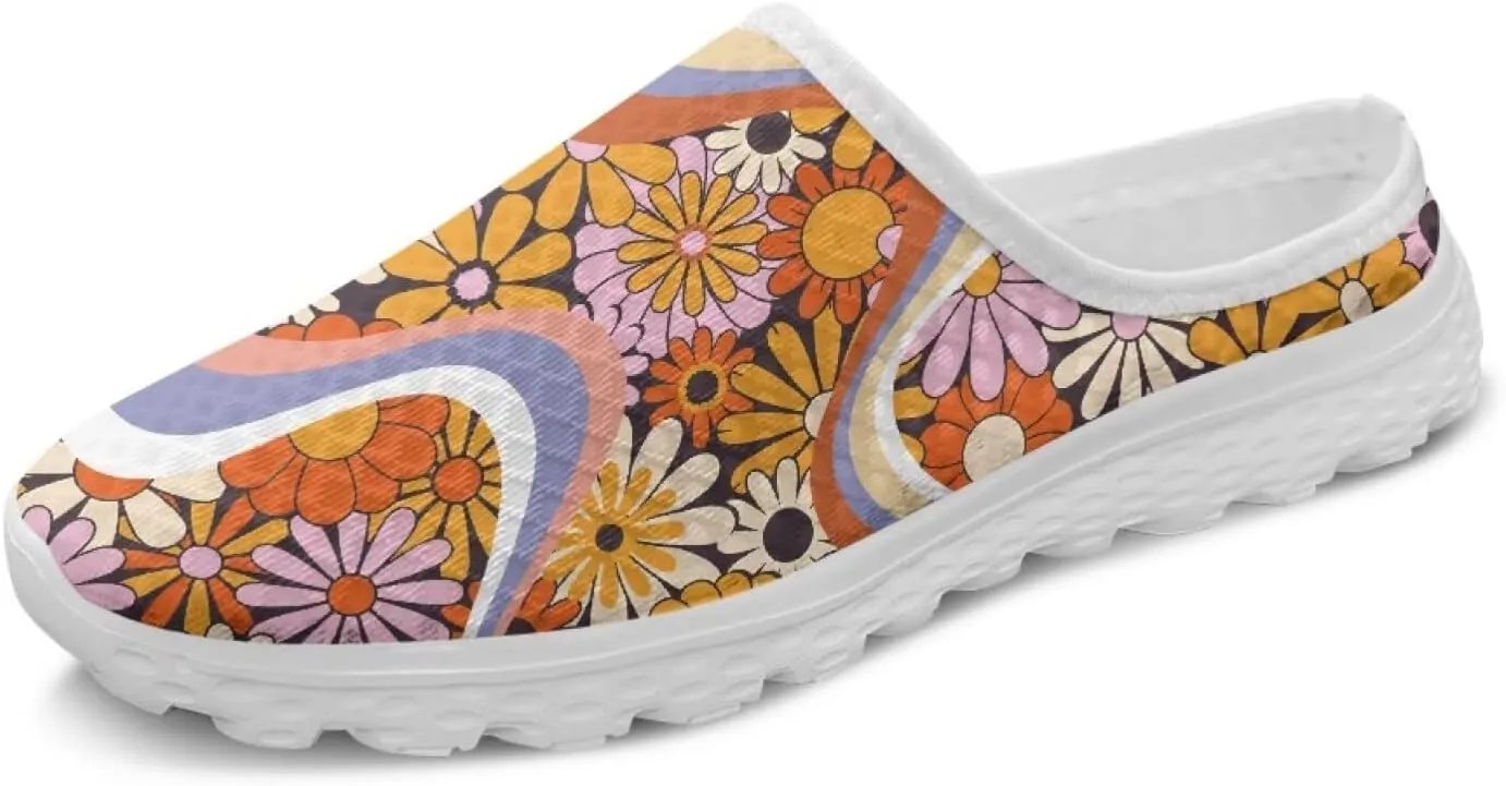 Floral Mule Shoes for Women Slip on Breathable Loafers Low Top Garden Clogs for Travel Vacation Shopping