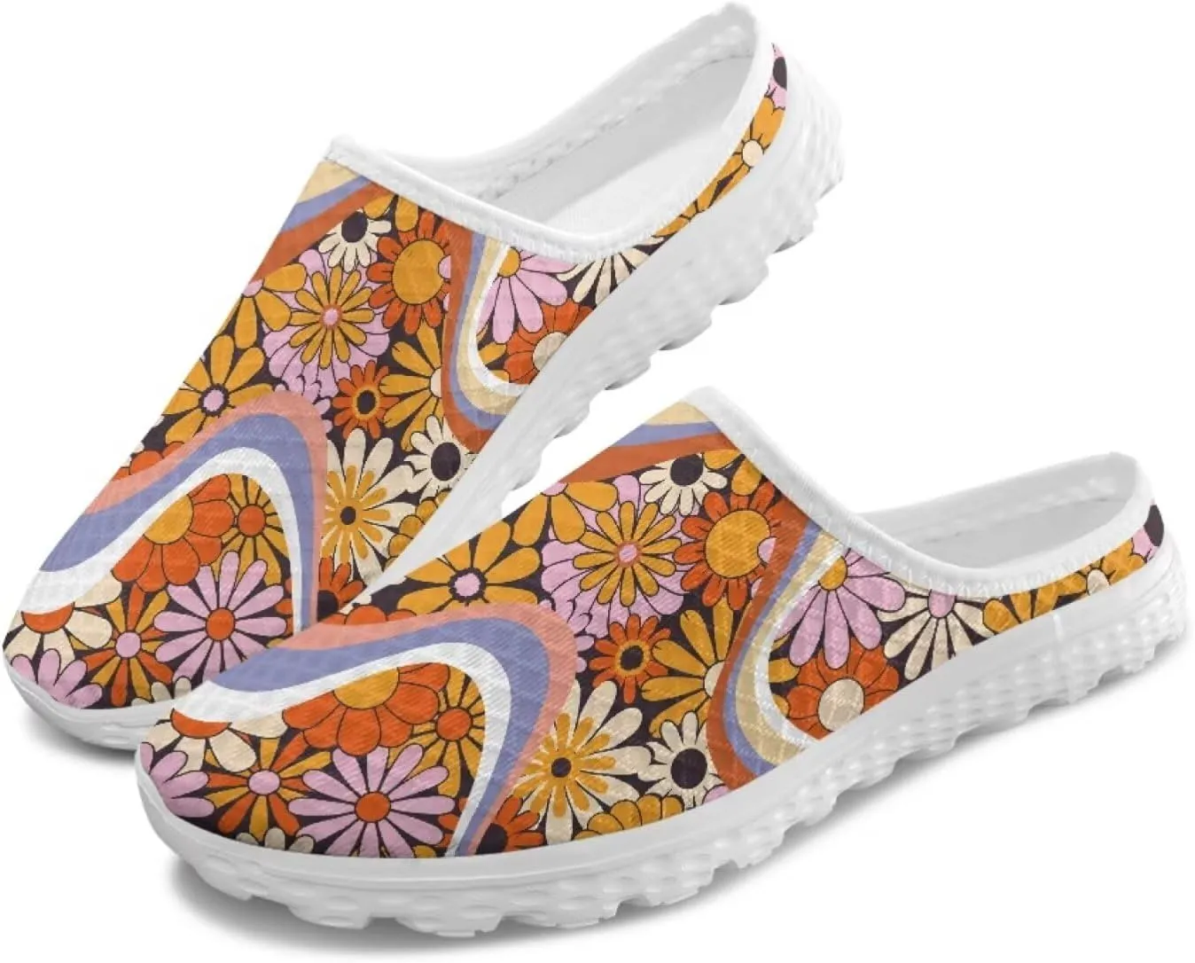 Floral Mule Shoes for Women Slip on Breathable Loafers Low Top Garden Clogs for Travel Vacation Shopping
