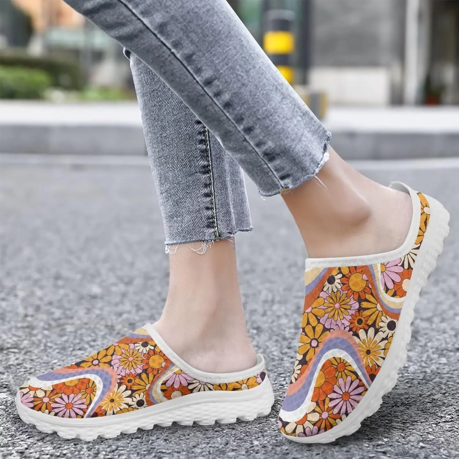 Floral Mule Shoes for Women Slip on Breathable Loafers Low Top Garden Clogs for Travel Vacation Shopping