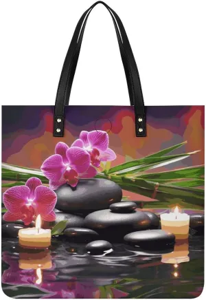 Flowers in Fountain Massage Stones Leather Tote Handbag Top Handle Ladies Shoulder Bags Large Travel Messenger Gym Totes Work Bags Tote Bag for Women