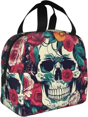 Flowers Skull Ornamental Print Repeated Use Lunch Tote Functional Insulated Bag Storage Packing Meals Workdays