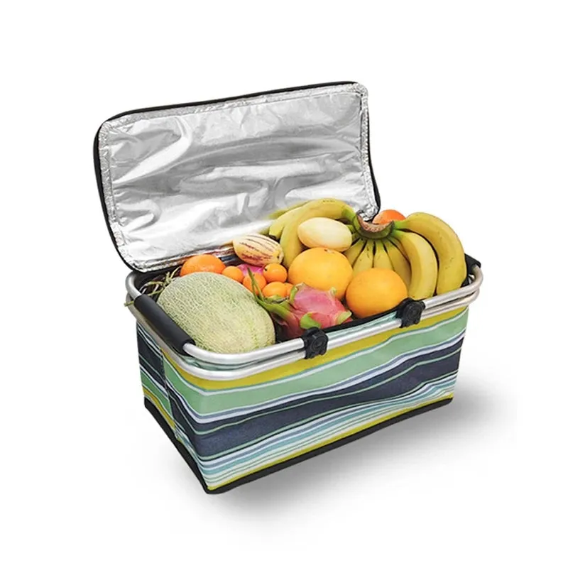 Foldable coloured insulated picnic storage bag basket with 2 handles