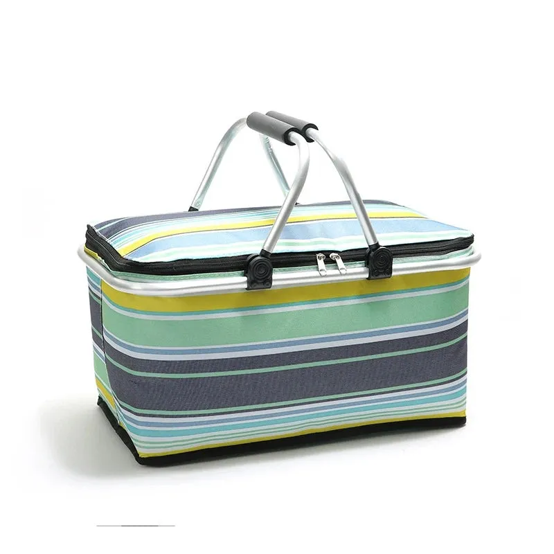 Foldable coloured insulated picnic storage bag basket with 2 handles