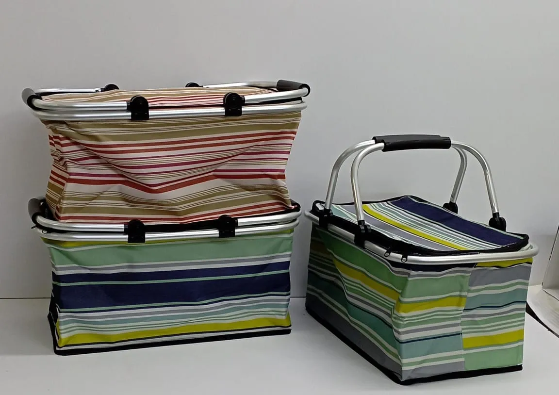 Foldable coloured insulated picnic storage bag basket with 2 handles