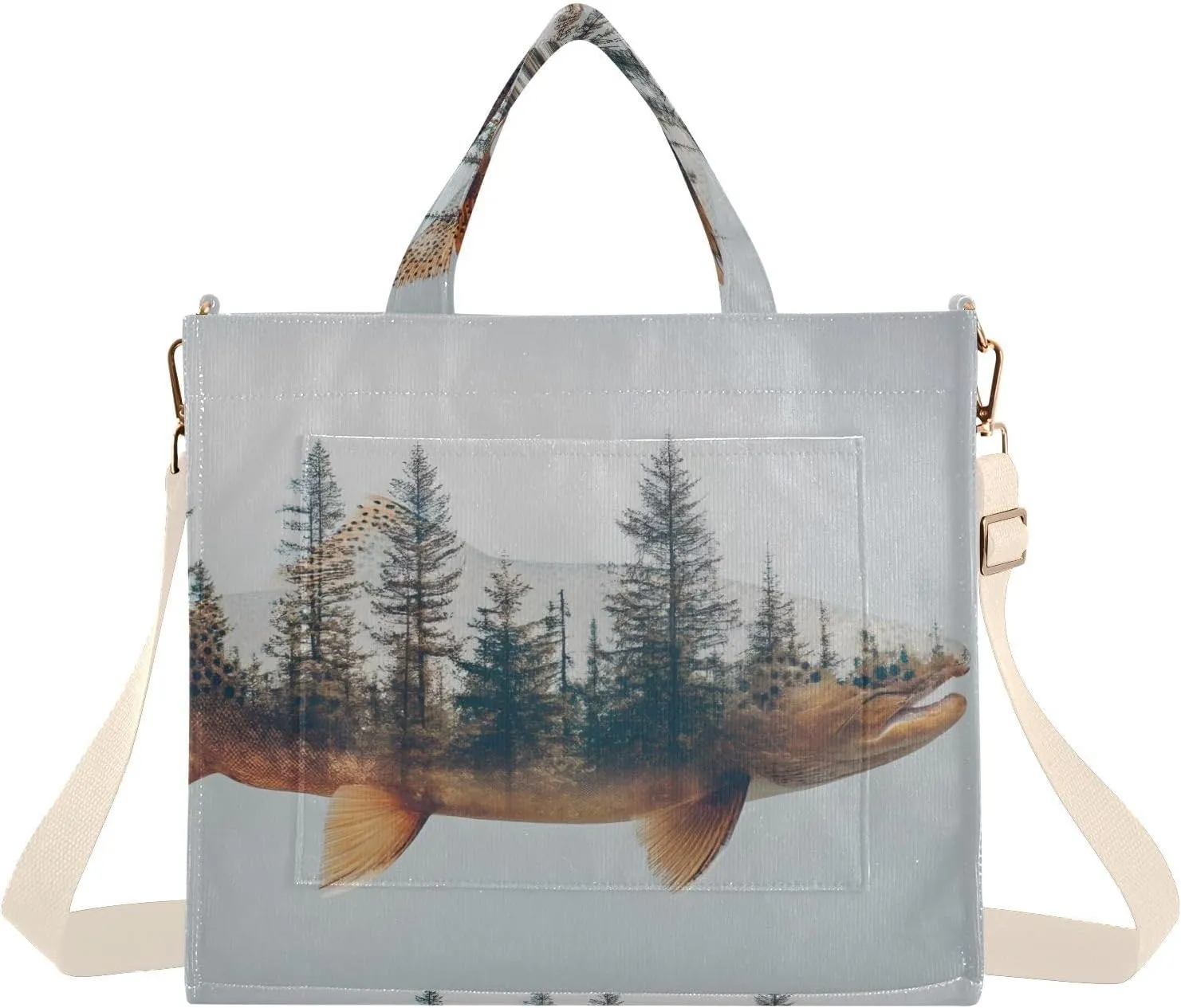 Forest Trout Women's Tote Bag Corduroy Cloth Handbag Purse with Detachable Strap Small Size