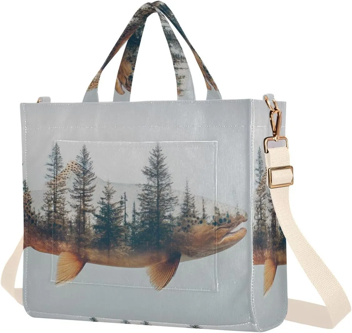 Forest Trout Women's Tote Bag Corduroy Cloth Handbag Purse with Detachable Strap Small Size