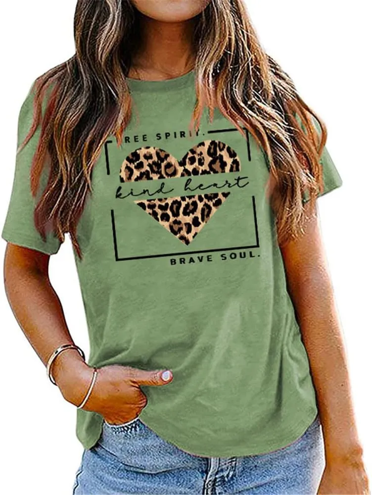 Free Spirit Kind Heart Brave Soul Shirts Women Leopard Heart Inspirational Saying T-Shirt Short Sleeve Tees Tops
