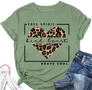 Free Spirit Kind Heart Brave Soul Shirts Women Leopard Heart Inspirational Saying T-Shirt Short Sleeve Tees Tops