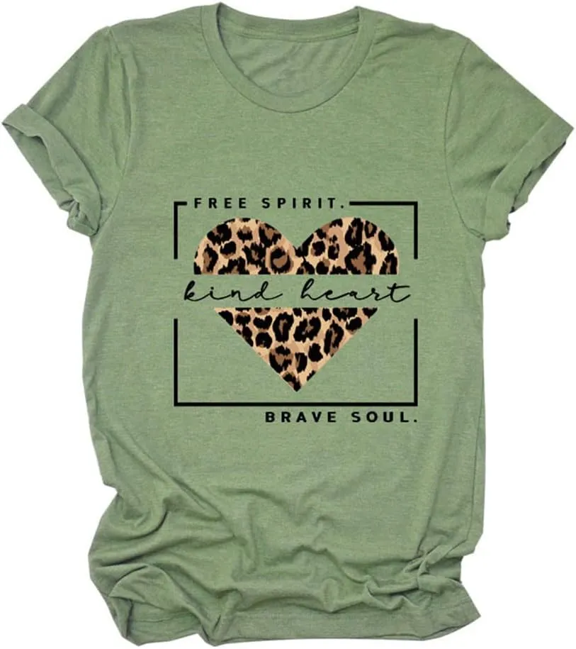 Free Spirit Kind Heart Brave Soul Shirts Women Leopard Heart Inspirational Saying T-Shirt Short Sleeve Tees Tops