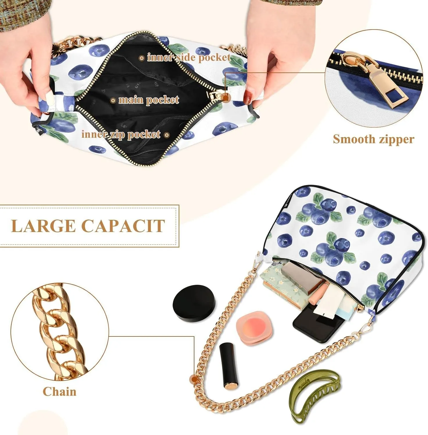 Fruits Blueberry Shoulder Bag Tote Handbag Clutch Purse for Women Chain Bags with Zipper Closure Gift
