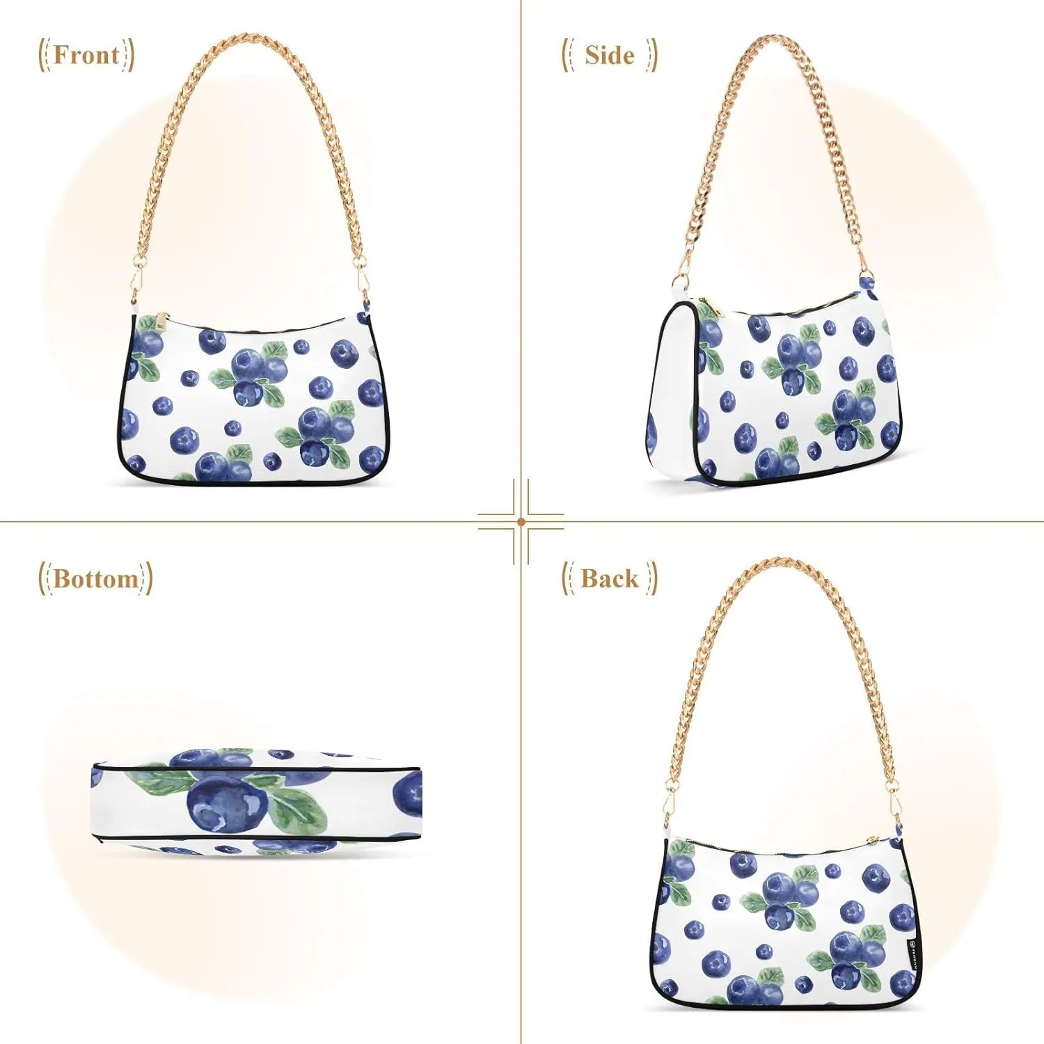 Fruits Blueberry Shoulder Bag Tote Handbag Clutch Purse for Women Chain Bags with Zipper Closure Gift