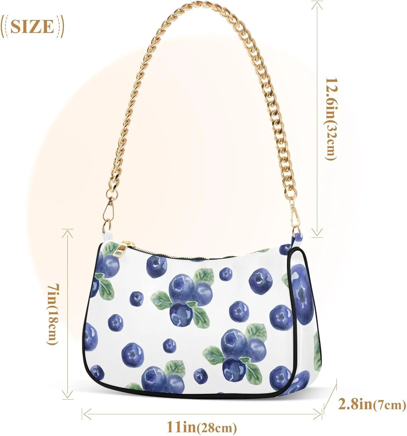 Fruits Blueberry Shoulder Bag Tote Handbag Clutch Purse for Women Chain Bags with Zipper Closure Gift