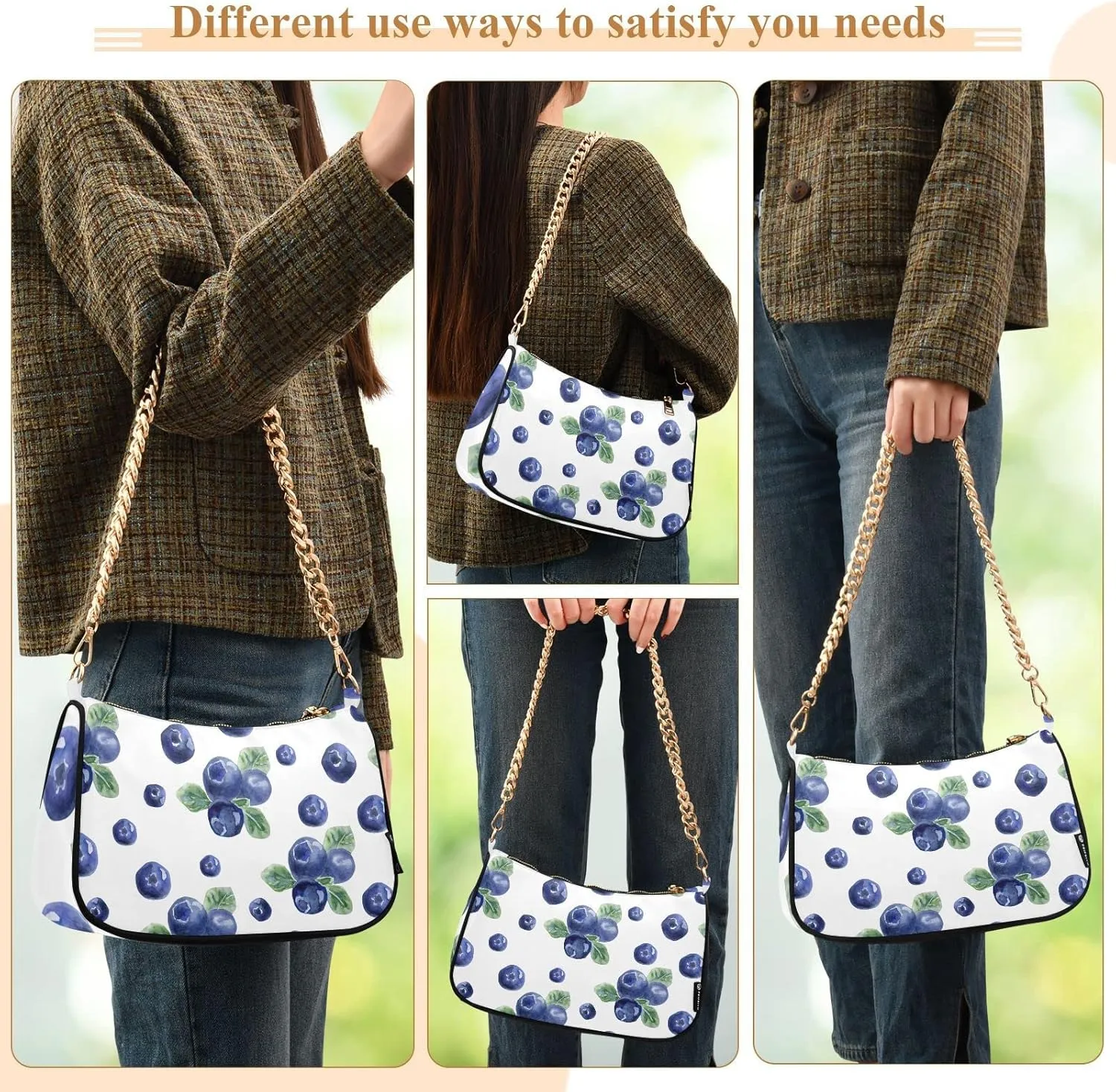 Fruits Blueberry Shoulder Bag Tote Handbag Clutch Purse for Women Chain Bags with Zipper Closure Gift
