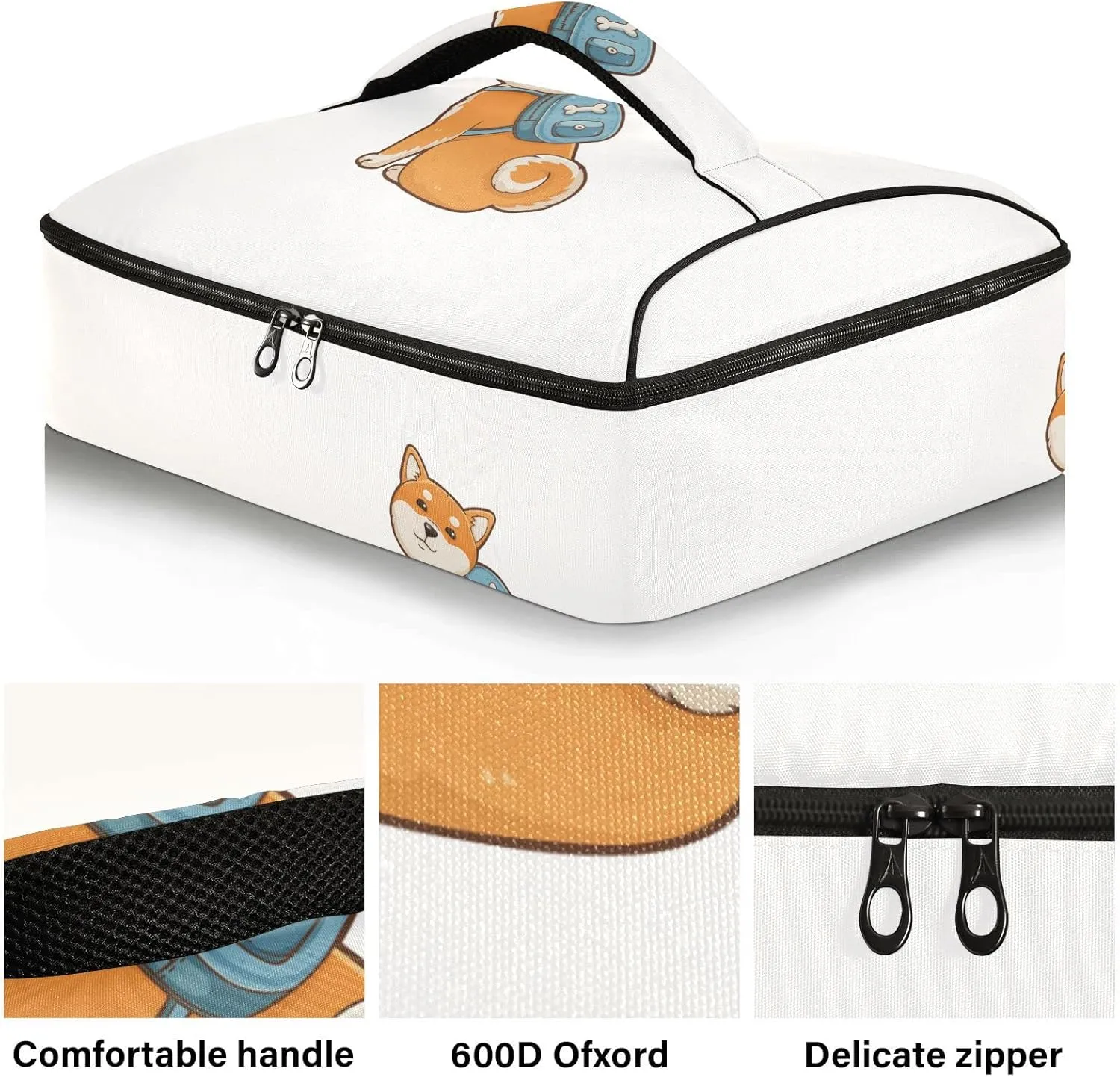 Funny Orange Shiba Inu Dogs in Different Poses on White Reusable Insulated Pizza Bag, Waterproof Food Delivery Bag, with Handle Lid Leakproof Pizza Holder Tote for Hot or Cold Food