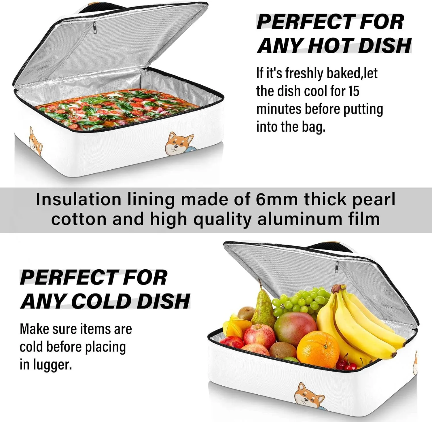 Funny Orange Shiba Inu Dogs in Different Poses on White Reusable Insulated Pizza Bag, Waterproof Food Delivery Bag, with Handle Lid Leakproof Pizza Holder Tote for Hot or Cold Food