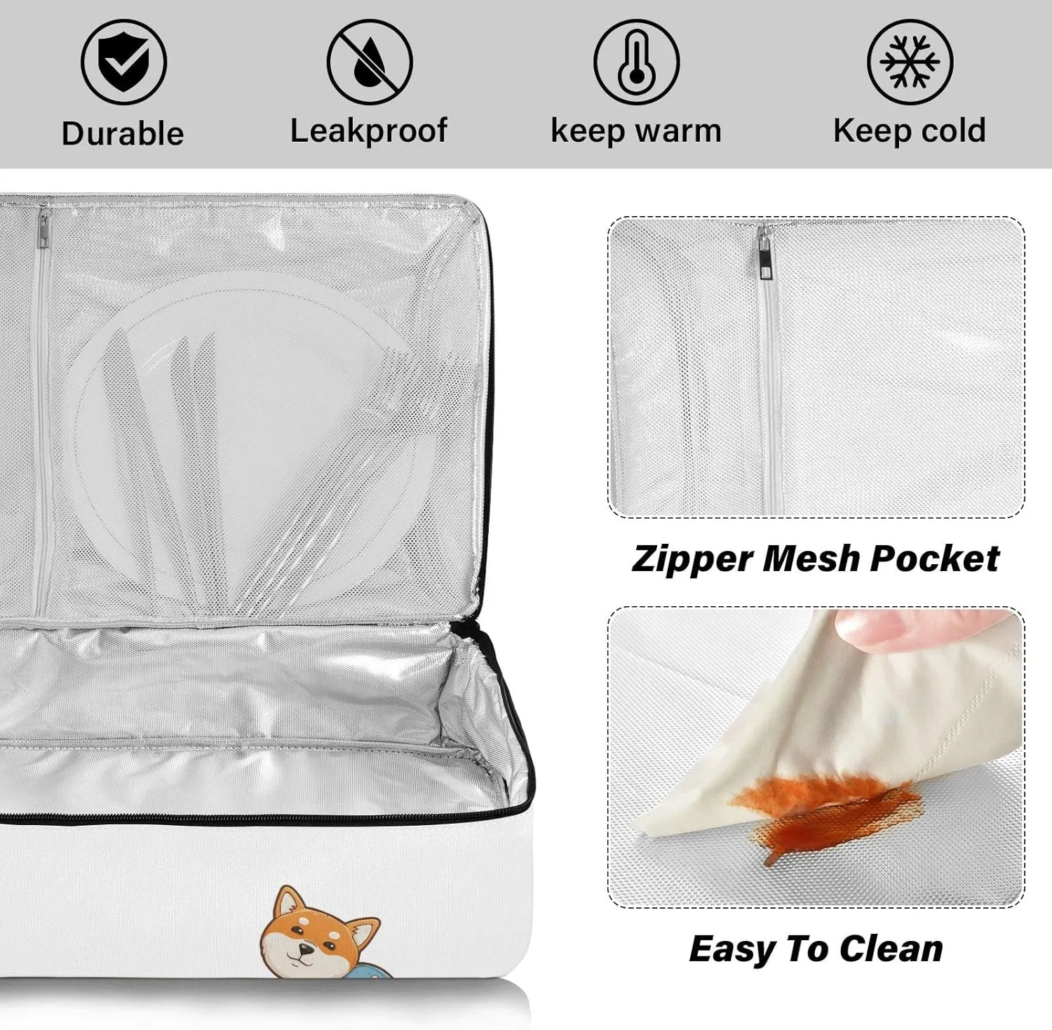 Funny Orange Shiba Inu Dogs in Different Poses on White Reusable Insulated Pizza Bag, Waterproof Food Delivery Bag, with Handle Lid Leakproof Pizza Holder Tote for Hot or Cold Food