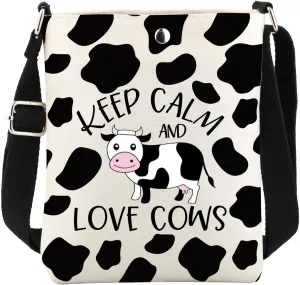 FUSTMW Cow Gifts Cow Print Crossbody Bag Keep Clam and Love Cows Gift Cross Body Bucket Bag with Adjustable Shoulder Strap