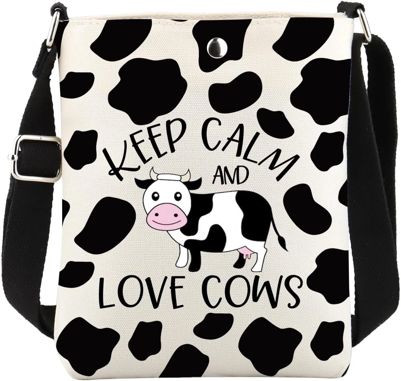 FUSTMW Cow Gifts Cow Print Crossbody Bag Keep Clam and Love Cows Gift Cross Body Bucket Bag with Adjustable Shoulder Strap