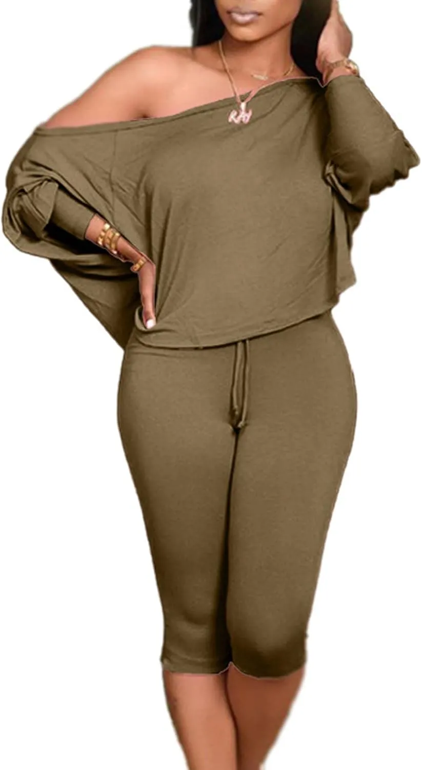 FYEARFOX Women's Two Piece Outfits Off One Shoulder Long Sleeve Pullover Top Drawstring Capri Pants Tracksuit Sets