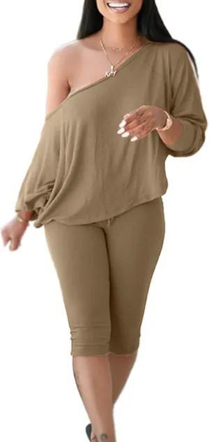 FYEARFOX Women's Two Piece Outfits Off One Shoulder Long Sleeve Pullover Top Drawstring Capri Pants Tracksuit Sets