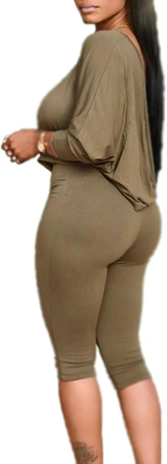 FYEARFOX Women's Two Piece Outfits Off One Shoulder Long Sleeve Pullover Top Drawstring Capri Pants Tracksuit Sets