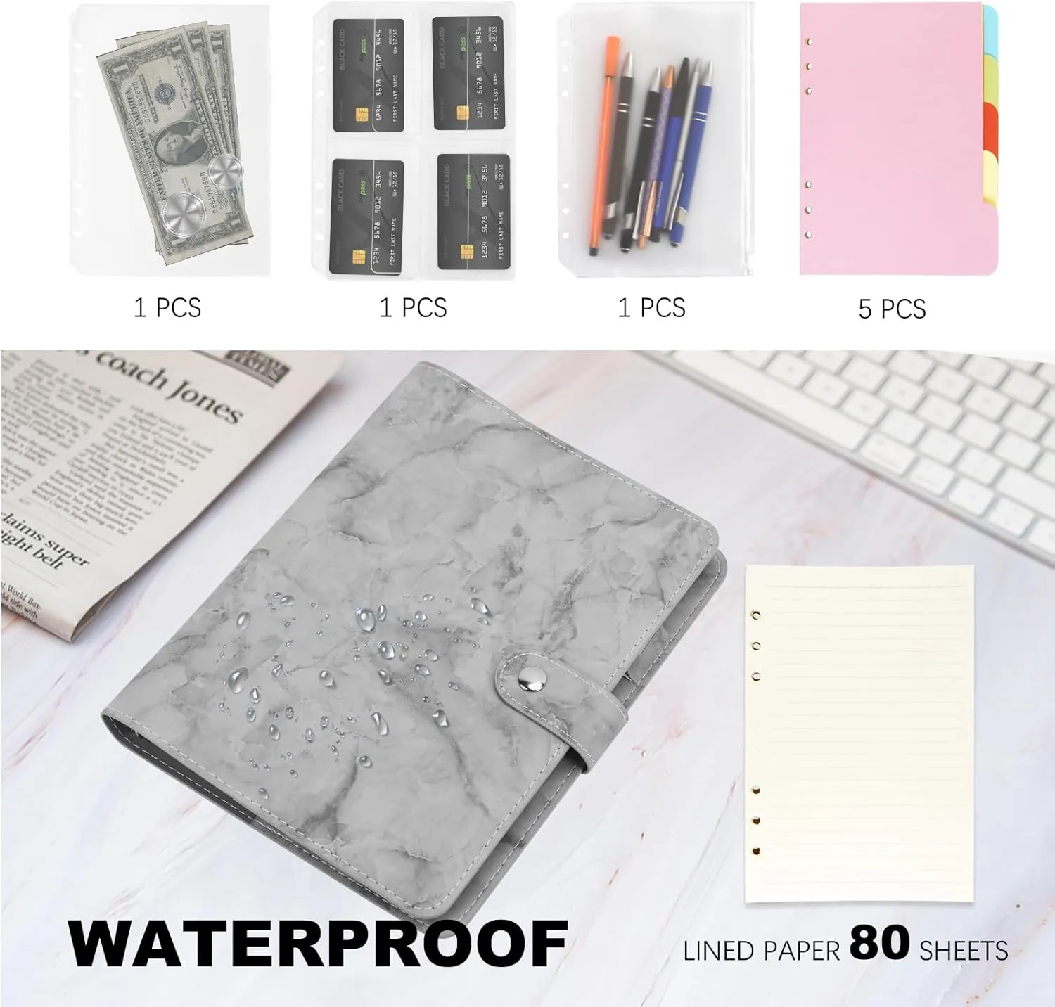 FYY Leather Refillable Notebook - 6 Ring Binder with A5 Pockets, Dividers & Paper, PU Leather Travel Binder Grey Notebook