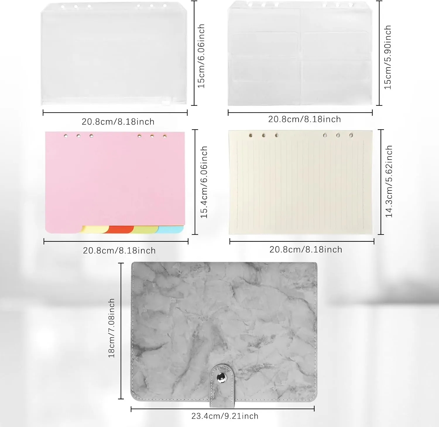 FYY Leather Refillable Notebook - 6 Ring Binder with A5 Pockets, Dividers & Paper, PU Leather Travel Binder Grey Notebook