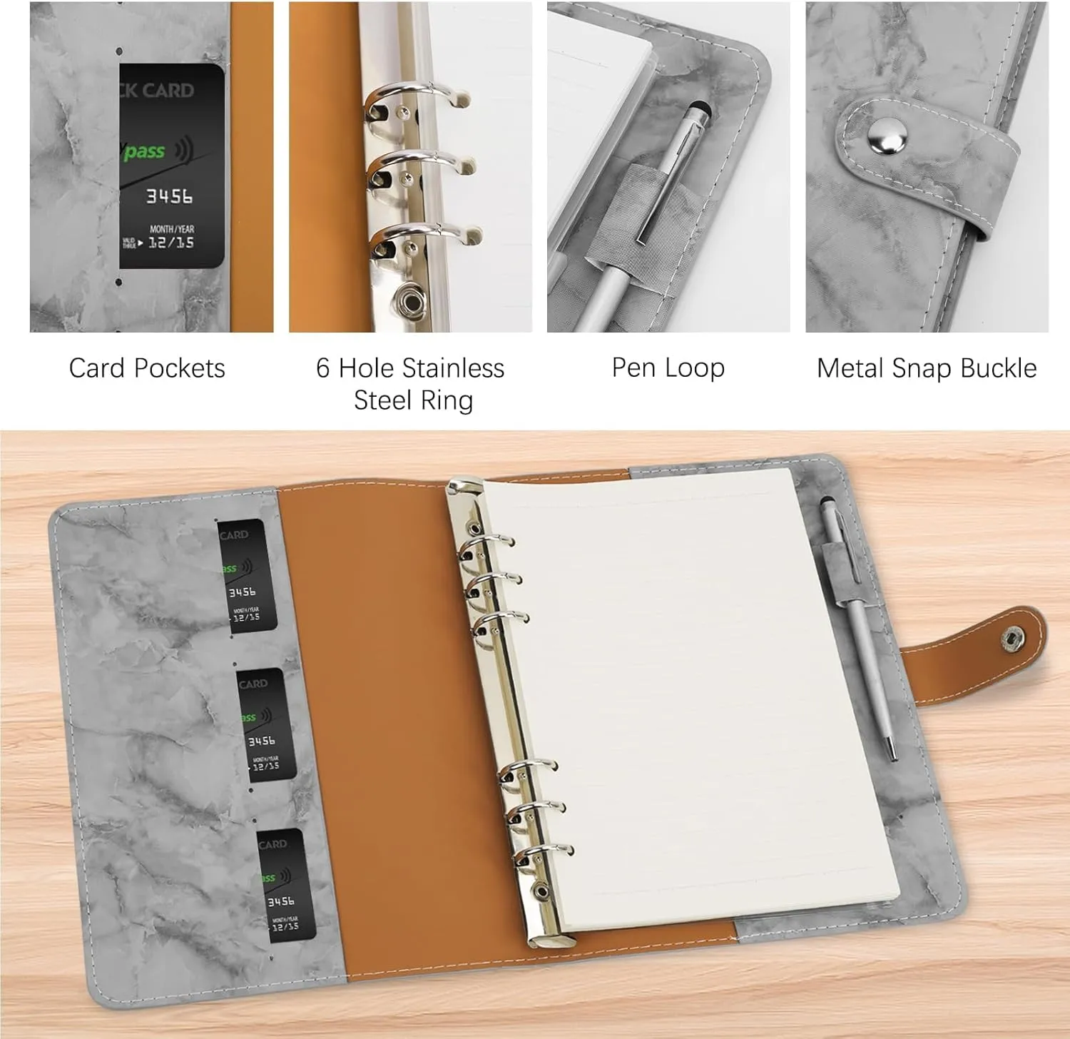 FYY Leather Refillable Notebook - 6 Ring Binder with A5 Pockets, Dividers & Paper, PU Leather Travel Binder Grey Notebook