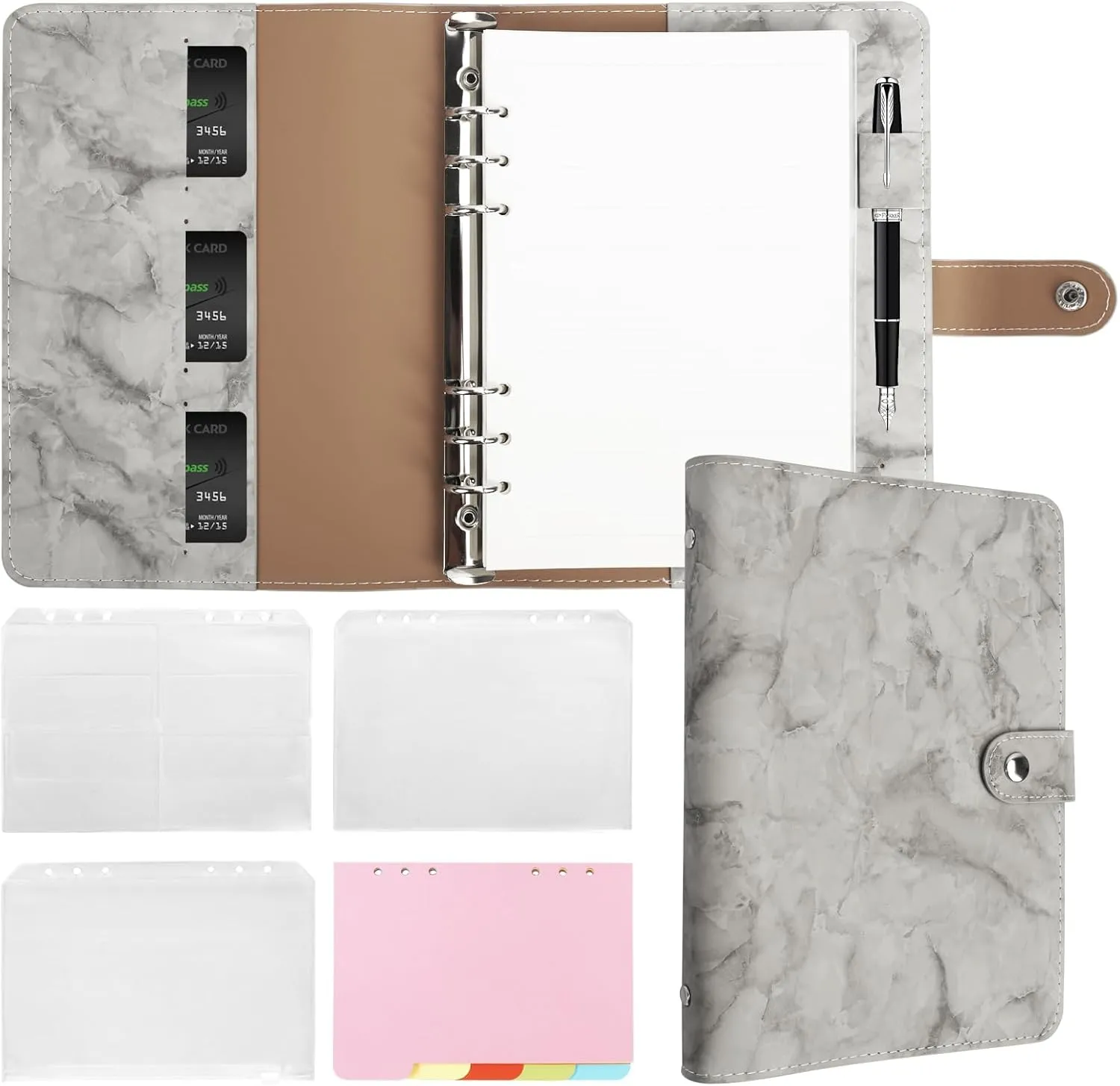 FYY Leather Refillable Notebook - 6 Ring Binder with A5 Pockets, Dividers & Paper, PU Leather Travel Binder Grey Notebook