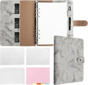 FYY Leather Refillable Notebook - 6 Ring Binder with A5 Pockets, Dividers & Paper, PU Leather Travel Binder Grey Notebook