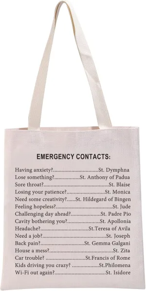 G2TUP Funny Catholic Gift Emergency Contacts Tote Bag Catholic Believer Handbag Religious Culture Lover Tote Religion Gift