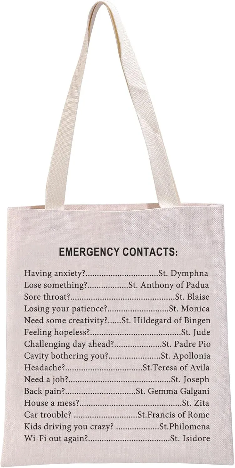 G2TUP Funny Catholic Gift Emergency Contacts Tote Bag Catholic Believer Handbag Religious Culture Lover Tote Religion Gift