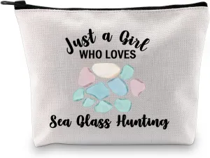 G2TUP Sea Glass Hunter Gift Who Love Sea Glass Hunting Makeup Bag Beach Glass Cosmetic Bag Beachcombing Life Gift Beachcomber Zipper Travel Bag (Who Love Sea Glass White Bag)