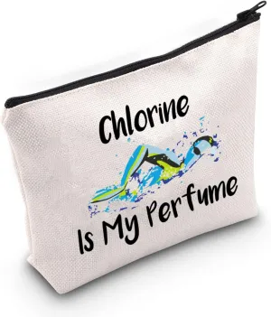 G2TUP Swimming Gift Chlorine Is My Perfume Makeup Bag Swimmer Cosmetic Bag Swim Lover Gift Swimming Team Gift Swimming Coach Zipper Travel Pouch (Chlorine Is My Perfume White Bag)