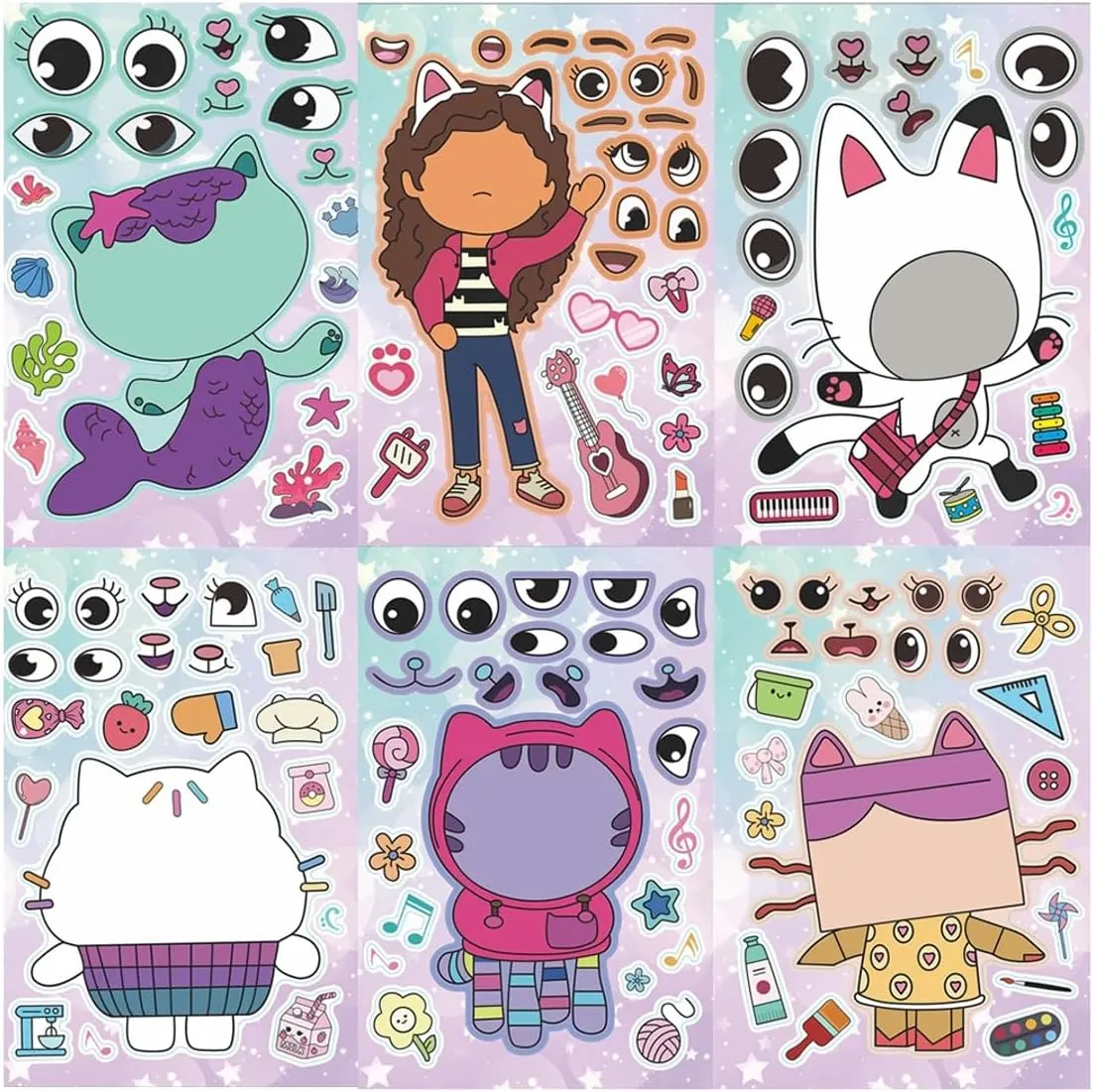 Gabby Stickers | 12-Pack Make Your Own Stickers | Make a Face Sticker Sheets with Gabby Characters | Mix and Match Kids | Fun Party Favors for Kids