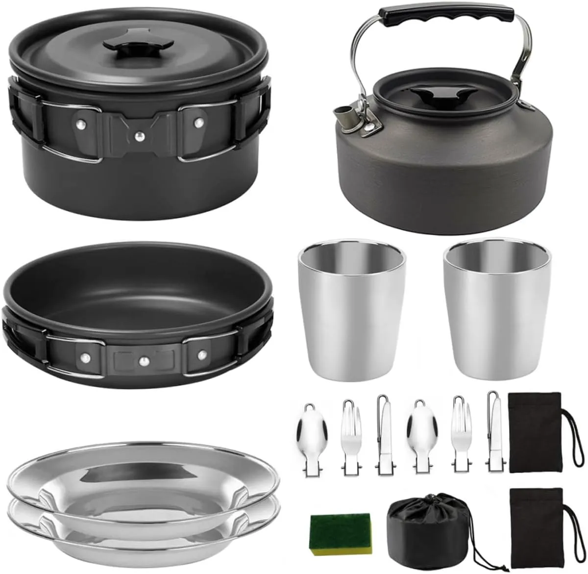 GANAZONO 1set Portable Camping Cookware for People Insulated Non-Slip Handles Lightweight and Durable for Hiking and Outdoor Cooking Includes Non-Stick Pots and Picnic Plates