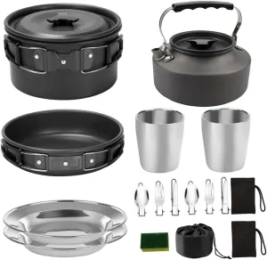 GANAZONO 1set Portable Camping Cookware for People Insulated Non-Slip Handles Lightweight and Durable for Hiking and Outdoor Cooking Includes Non-Stick Pots and Picnic Plates