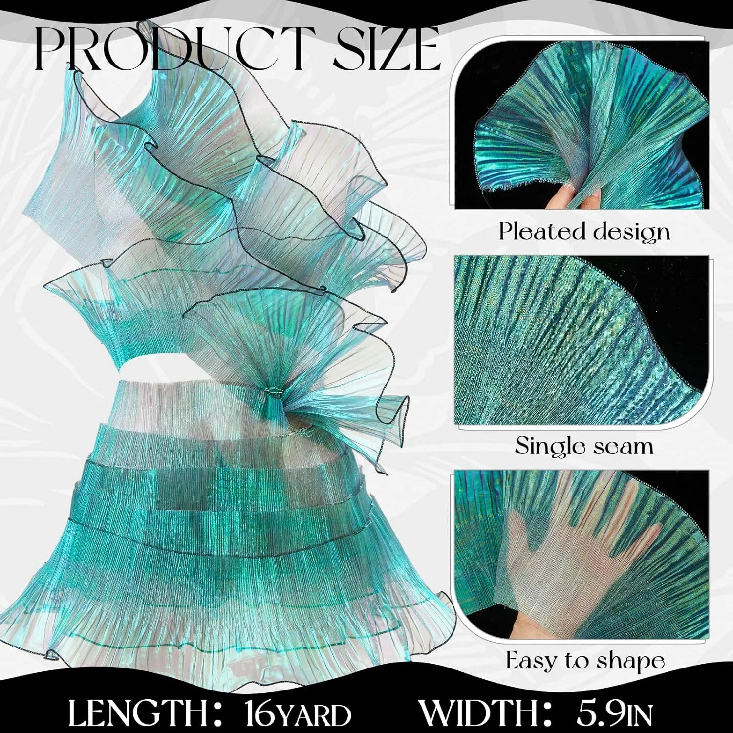 Ganeen 16 Yards Halloween Iridescent Ruffle Pleated Lace Trim Retro Organza Fabric Trim Tulle Decorative Ruffle Lace Border for Sewing Dress Bag Costume Cake Decor Trimming Craft(Green)