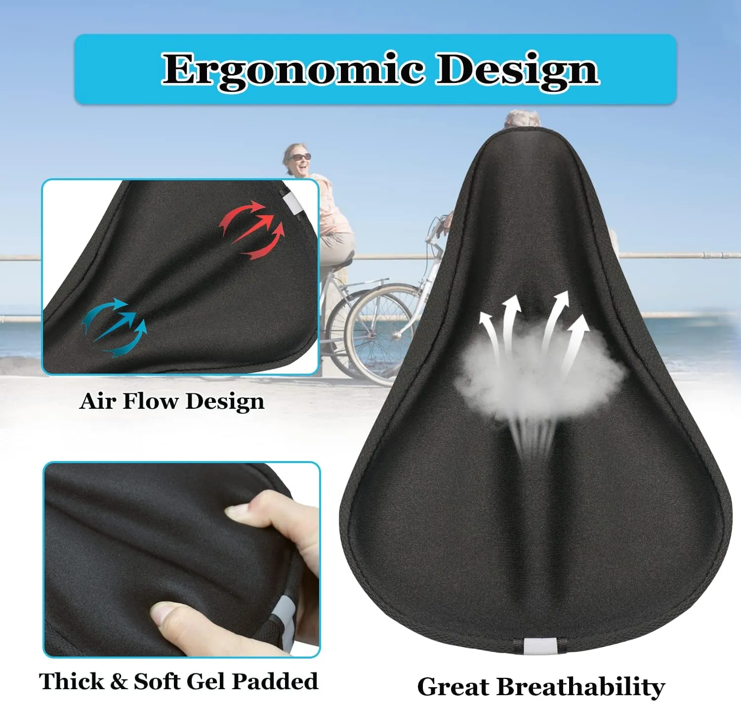 Gel Bike Seat Cover Padded Bicycle Saddle Covers for Women & Men, Most Comfortable Exercise Bike Seat Cushion Cover, Soft for Spin Indoor Outdoor Cycling Class Mountain Stationary Bikes