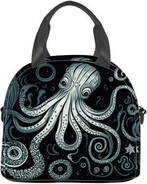 Generative Engraving retro vintage style octopus woodcut linocut Art Insulated Adult Lunch Bag with Shoulder Strap for Women Lightweight Reusable Portable Freezable Lunch Tote Bag for Work Picnic