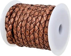 GENIQUE Real/Genuine Round Braided Leather Cord String Rope Folded, Leather Rope for Crafts, Jewelry Making, Necklace, Bracelet (5 Metres) (5mm, Saddle Brown Distressed)