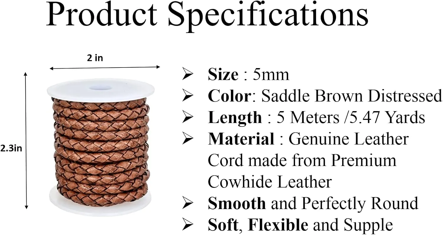 GENIQUE Real/Genuine Round Braided Leather Cord String Rope Folded, Leather Rope for Crafts, Jewelry Making, Necklace, Bracelet (5 Metres) (5mm, Saddle Brown Distressed)
