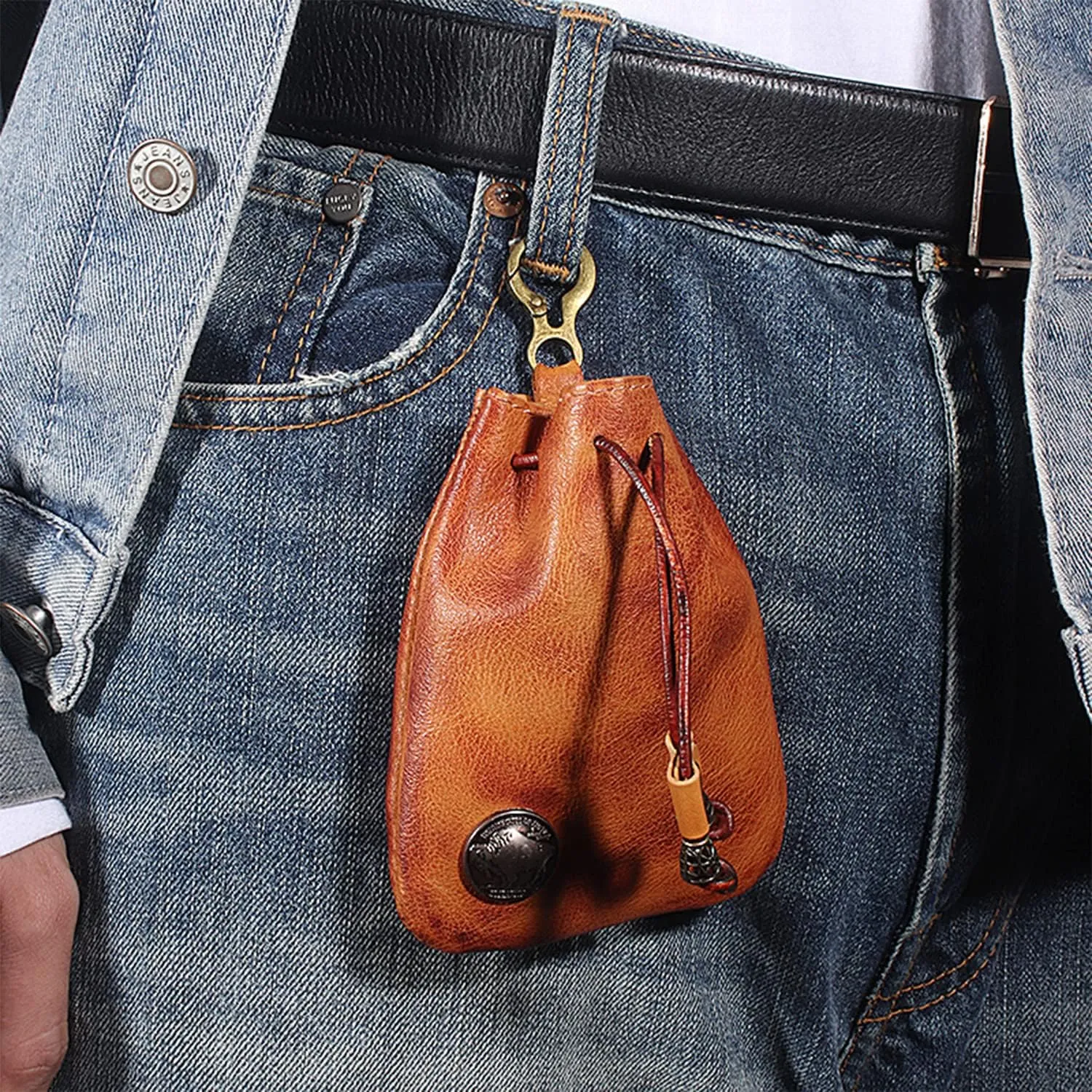 Genuine Leather Medieval Coin Purse Waist Bag, Coin Organizer, Change Holder, Small Leather Drawstring Pouch for Men & Women (Dark brown)