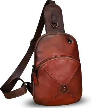 Genuine Leather Silng Bag for Women Small Vintage Leather Sling Backpack Fashion Shoulder Crossbody Bag Chest Purse