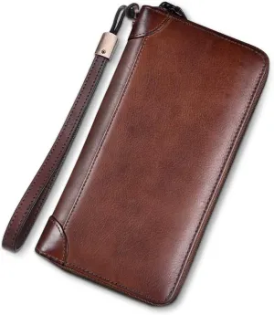 Genuine Leather Wallet for Women Dual Use Zip Long Purse Vintage Handmade Clutch Cowhide Card Holder Organizer (Coffee)