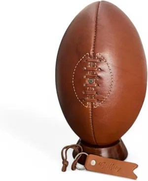 Geoffrey I Retro Rugby Ball 4 Panels I Tan Cow Leather with Wooden Base I Vintage Style with Leather Laces and Hand Stitched