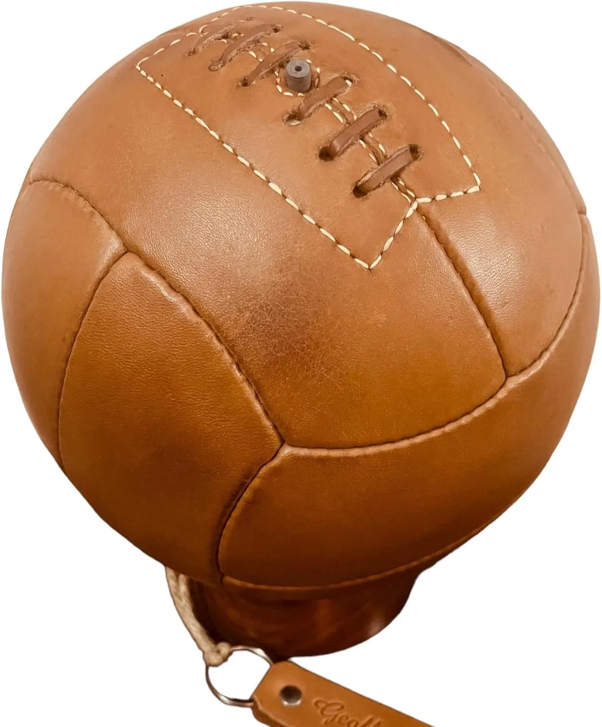 Geoffrey Vintage 12 Panel Soccer Ball 100% Cow Leather with Wooden Base | TAN | Size 5 | Retro Football Hand Stitched
