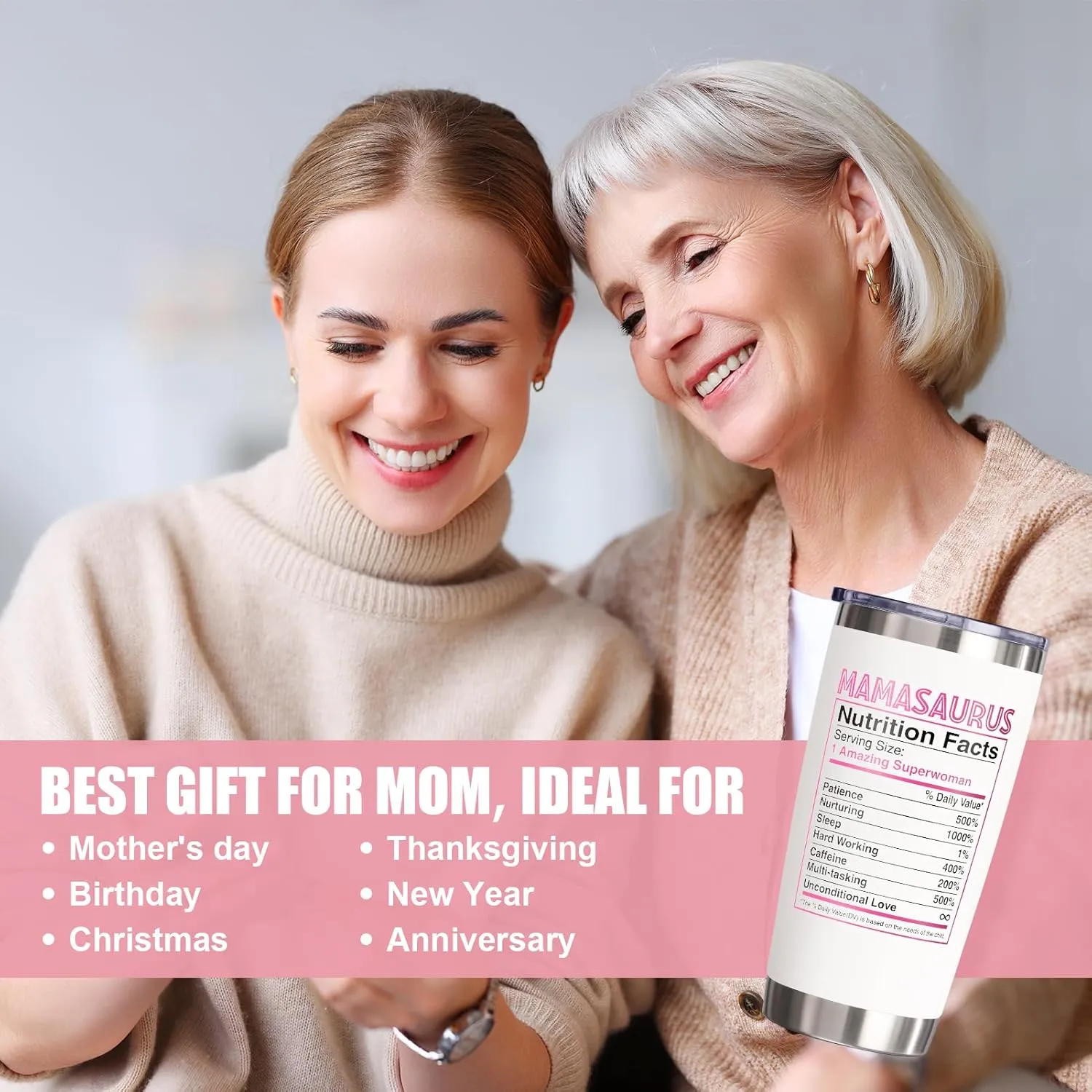 Gifts for Mom, Mothers Day Gifts from Daughter Son, 20 OZ Tumbler Best Mother Birthday Gift for Mama Mother-in-Law Wife Women, Mamasaurus Insulated Cup with Handle New Mom Gift for Wife from Husband