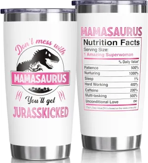 Gifts for Mom, Mothers Day Gifts from Daughter Son, 20 OZ Tumbler Best Mother Birthday Gift for Mama Mother-in-Law Wife Women, Mamasaurus Insulated Cup with Handle New Mom Gift for Wife from Husband